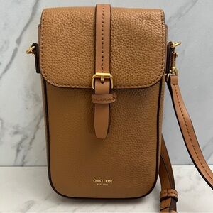 Oroton Dylan Pebbled Leather Crossbody Phone Bag Tan
